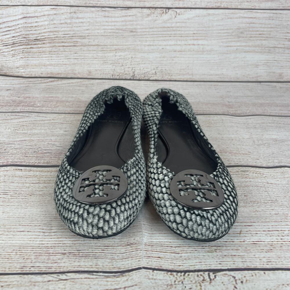 Tory Burch Reva Womens Sz 7M Ballet Flats Black Gray Calf Hair - Picture 3 of 9